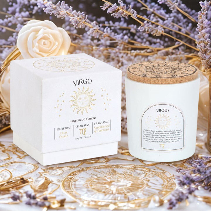 Virgo Zodiac Candle with Clear Quartz Crystals – Sandalwood & Patchouli