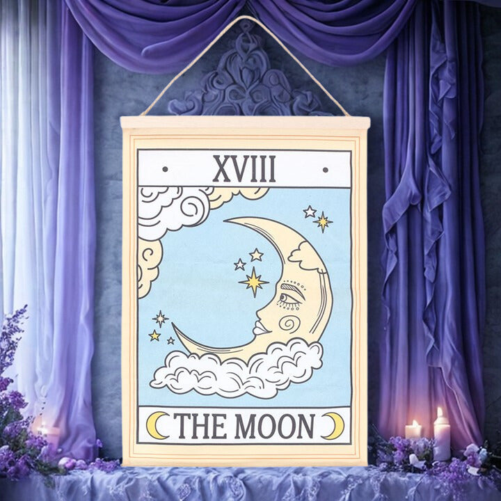 The Moon Tarot Card Fabric Wall Hanging – Celestial Décor with Twine Loop