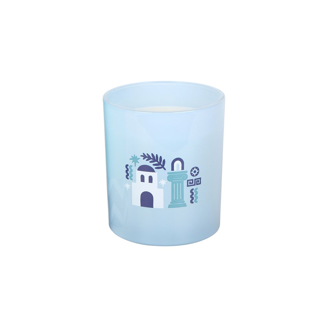 Light blue candle with decorative design on a white background
