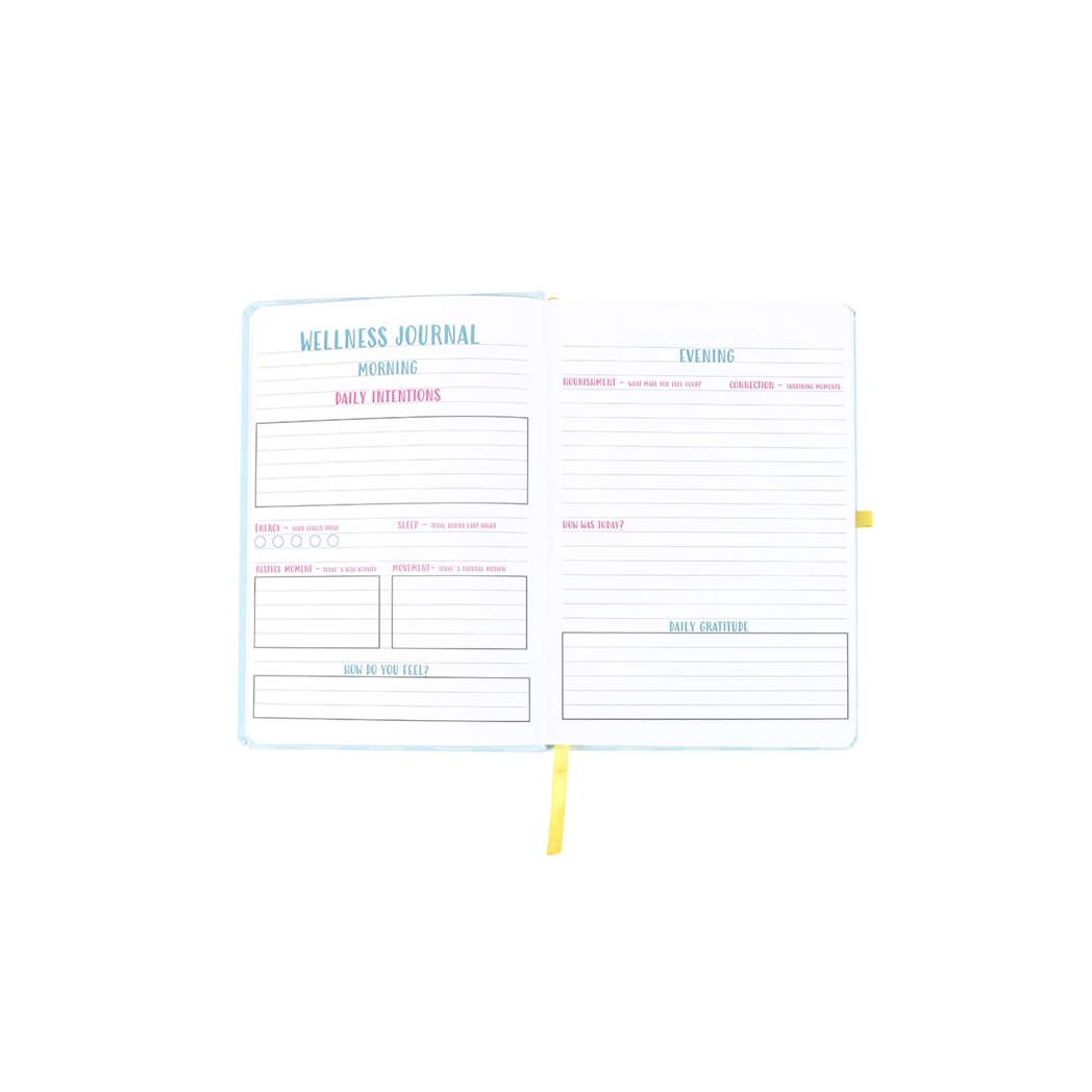 Wellness journal template with various sections on a white background