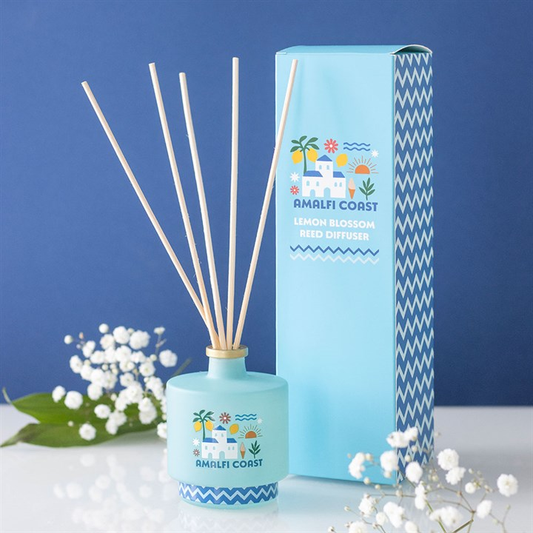 Amalfi Coast diffuser with packaging and flowers on a blue background