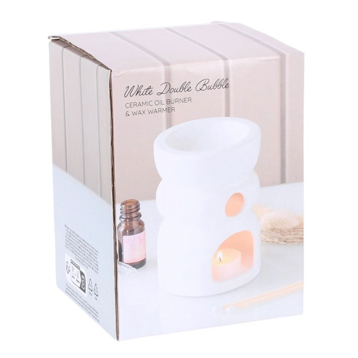Ceramic oil burner and wax warmer packaging with product image on a white background