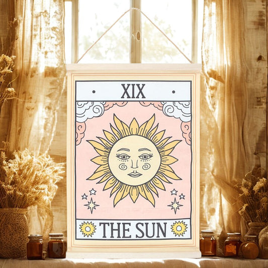 The Sun Tarot Card Fabric Wall Hanging – Celestial Tapestry with Twine Loop