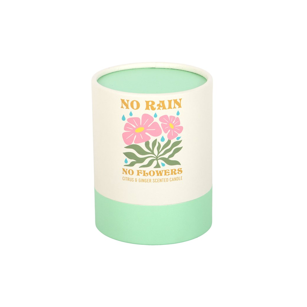 Candle with floral design and text on a white background