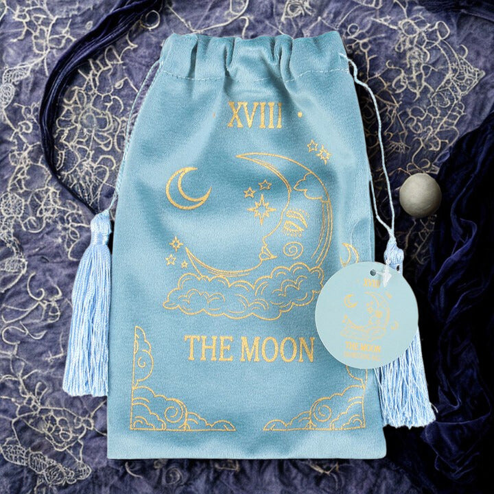 The Moon Tarot Velvet Drawstring Bag – Teal with Gold Detail