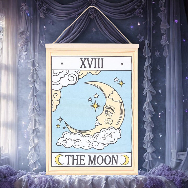 The Moon Tarot Card Fabric Wall Hanging – Celestial Décor with Twine Loop