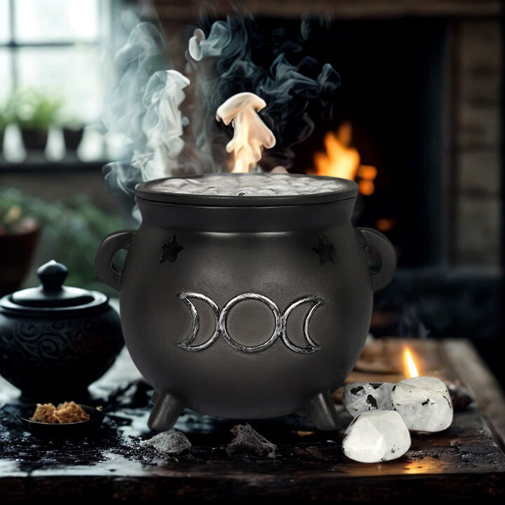 Triple Moon Cauldron Incense Cone Burner – Silver Effect with Bubbling Brew Lid