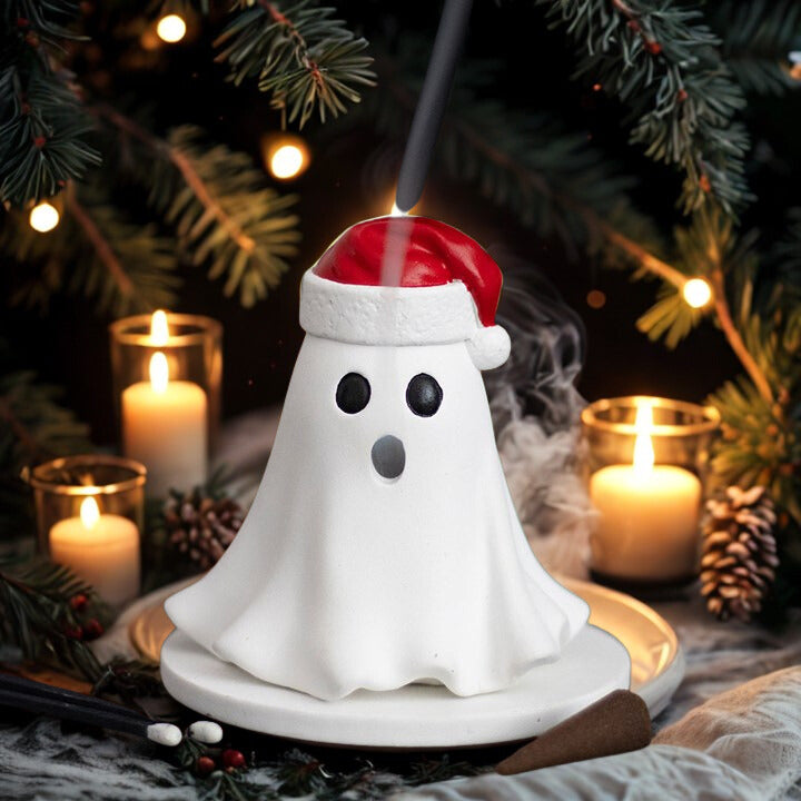 Ghost Incense Cone Holder with Santa Hat – Spooky Festive Décor