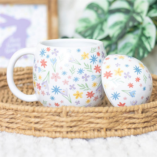 Spring Garden Ceramic Mug with Lid – Egg-Shaped Floral Design