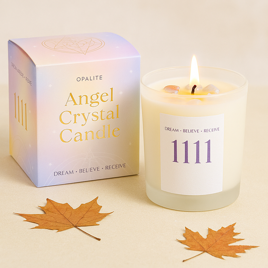 1111 Angel Number Crystal Chip Candle – Opalite, Lavender & Patchouli