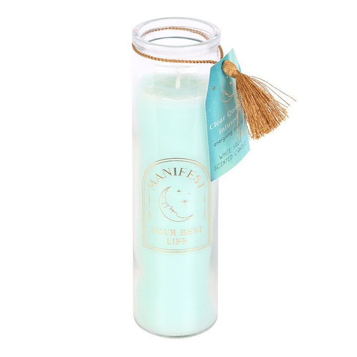 White Sage Tube Candle with Clear Quartz Crystals – Manifest Your Best Life