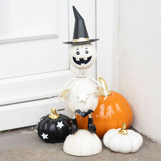 White Metal Pumpkin Man Ornament with Witch Hat – Spooky Seasonal Décor