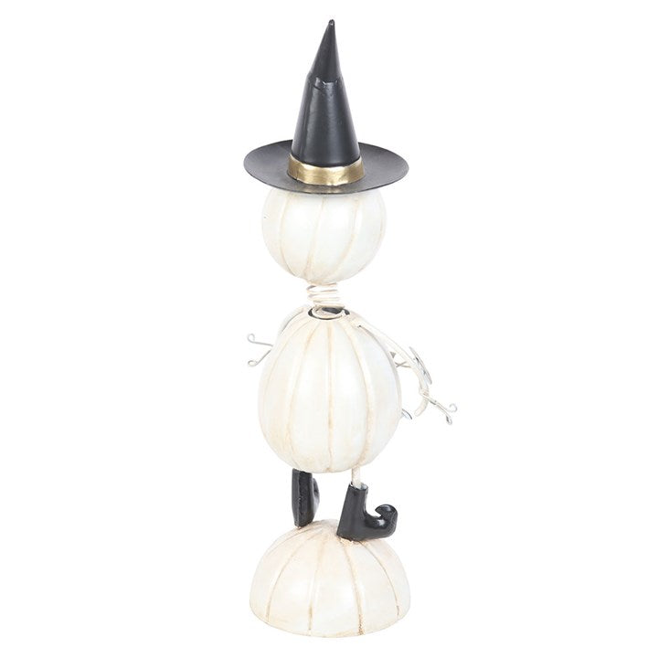 White Metal Pumpkin Man Ornament with Witch Hat – Spooky Seasonal Décor