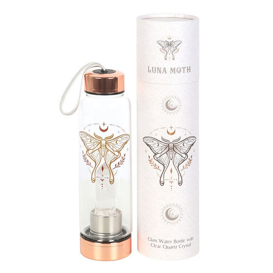 Clear Quartz Infused Glass Water Bottle – Luna Moth Design (500ml)