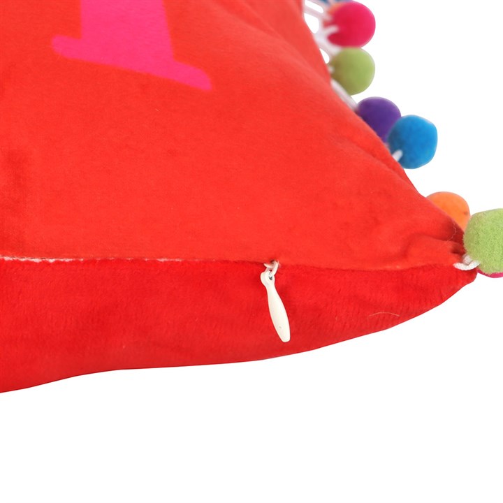 ‘Holly Jolly’ Red Christmas Cushion with Pom-Pom Detailing