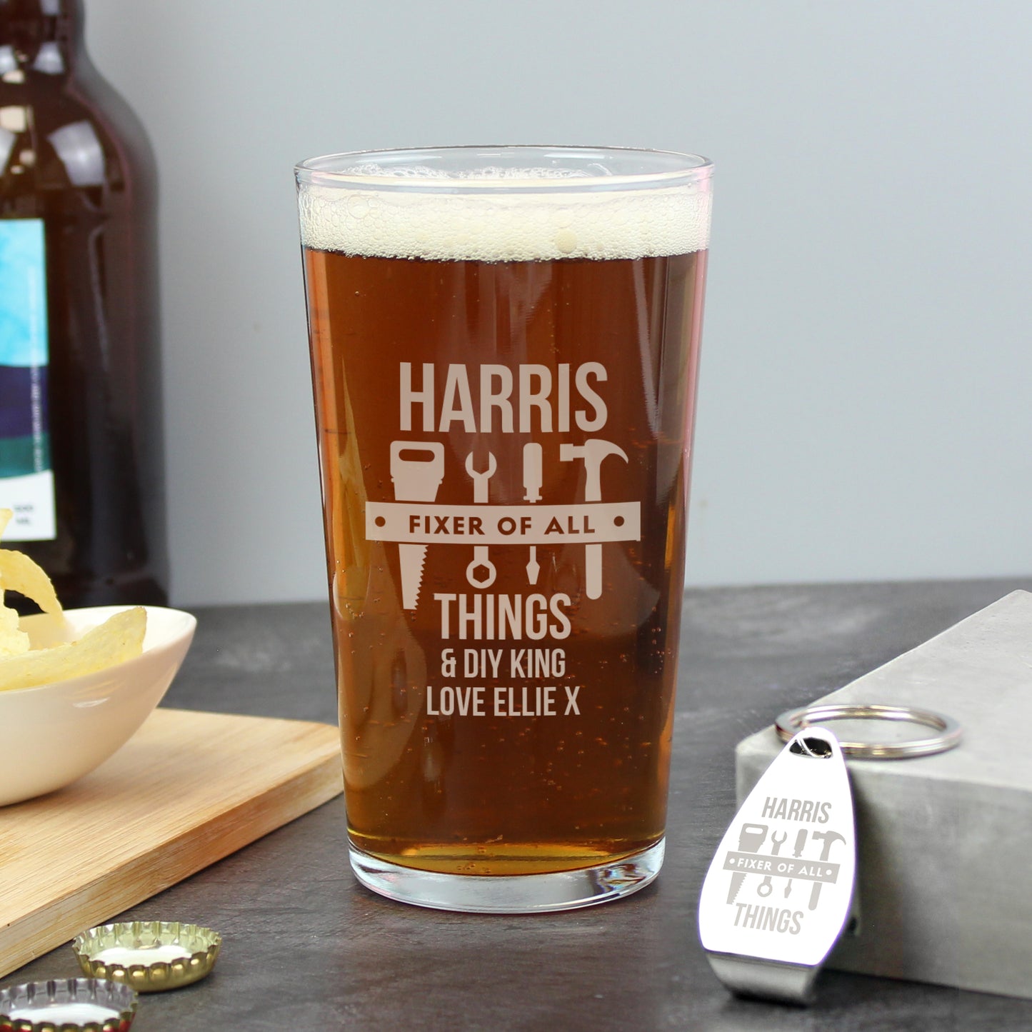 Personalised “Fixer of All Things” Pint Glass & Bottle Opener Gift Set