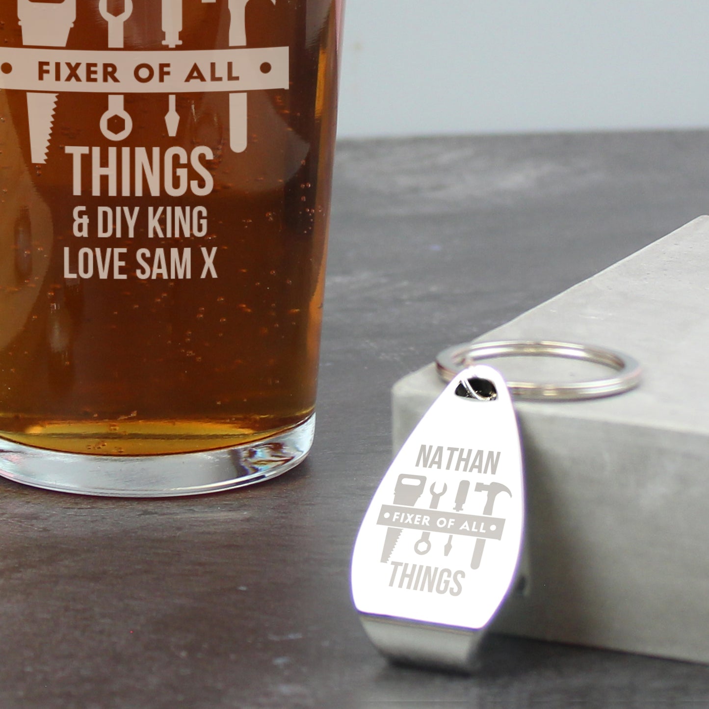 Personalised “Fixer of All Things” Pint Glass & Bottle Opener Gift Set