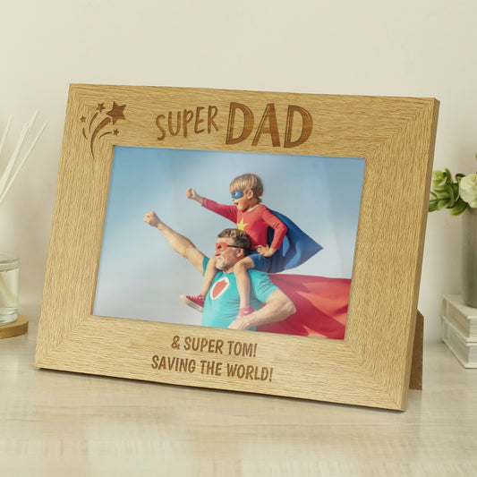 Personalised “Super Dad” Wooden Landscape Photo Frame – 6x4 Oak Veneer Gift
