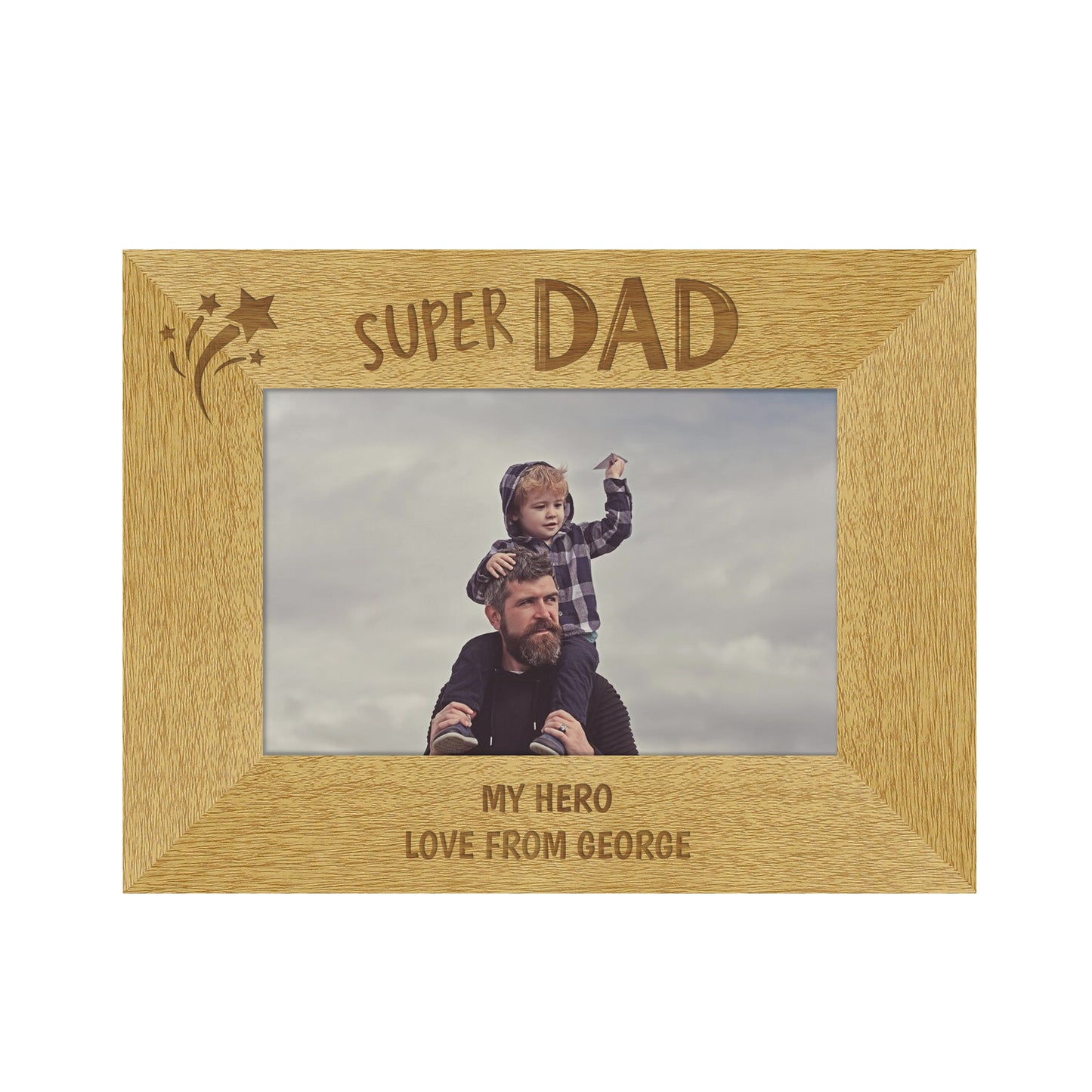Personalised “Super Dad” Wooden Landscape Photo Frame – 6x4 Oak Veneer Gift