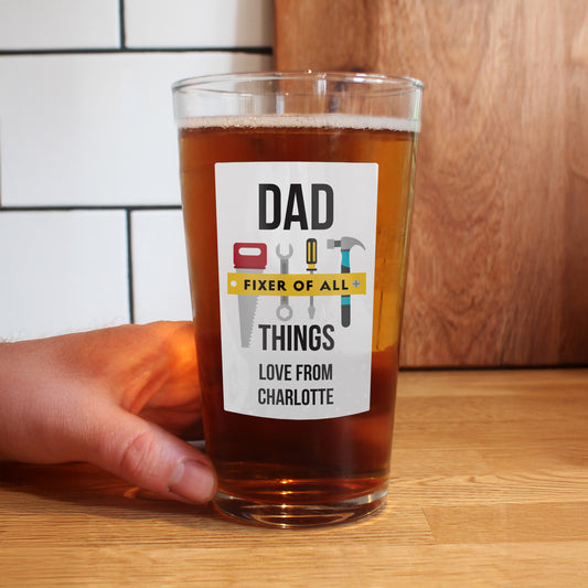 Personalised “Fixer of All Things” Printed Pint Glass – Tool Design Gift