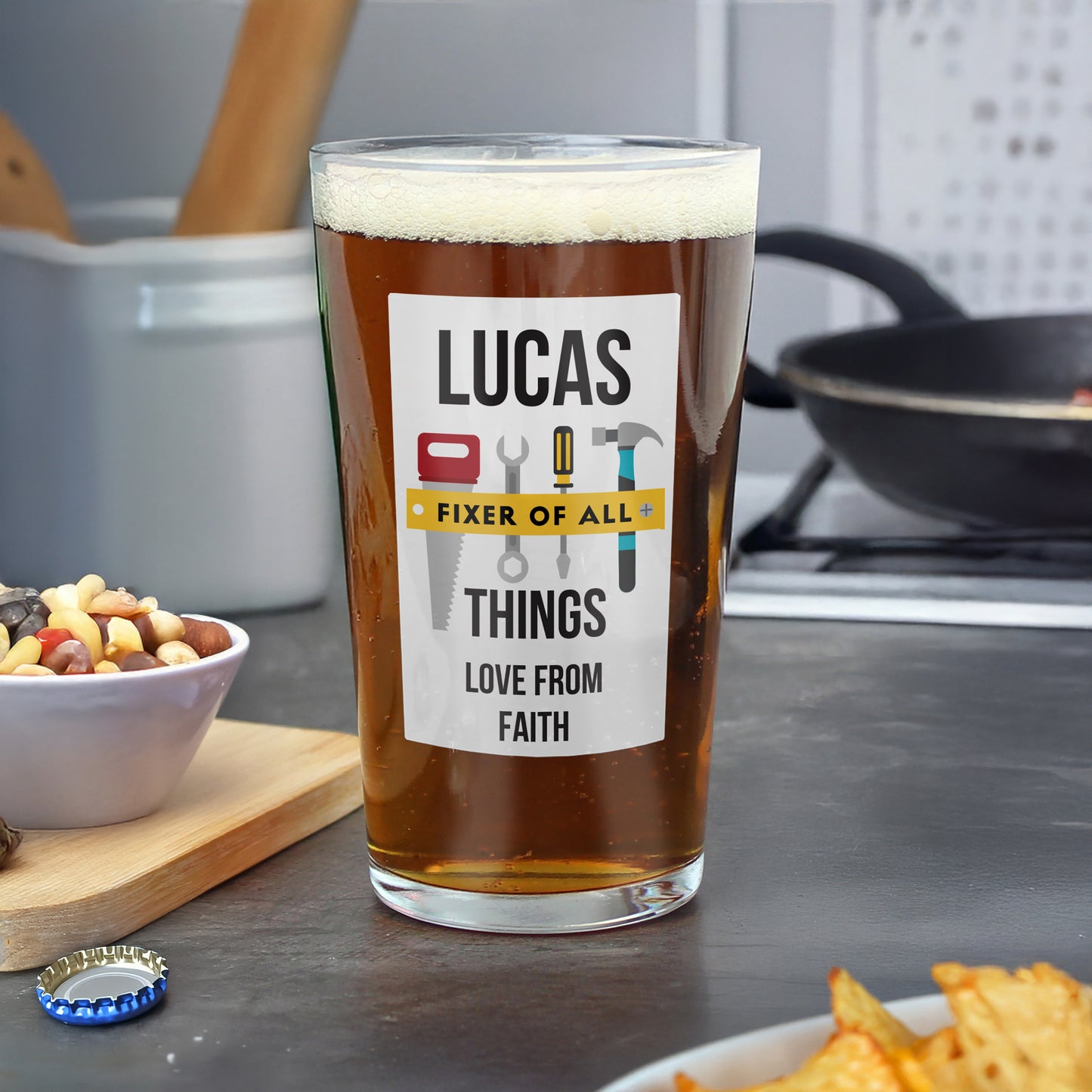 Personalised “Fixer of All Things” Printed Pint Glass – Tool Design Gift