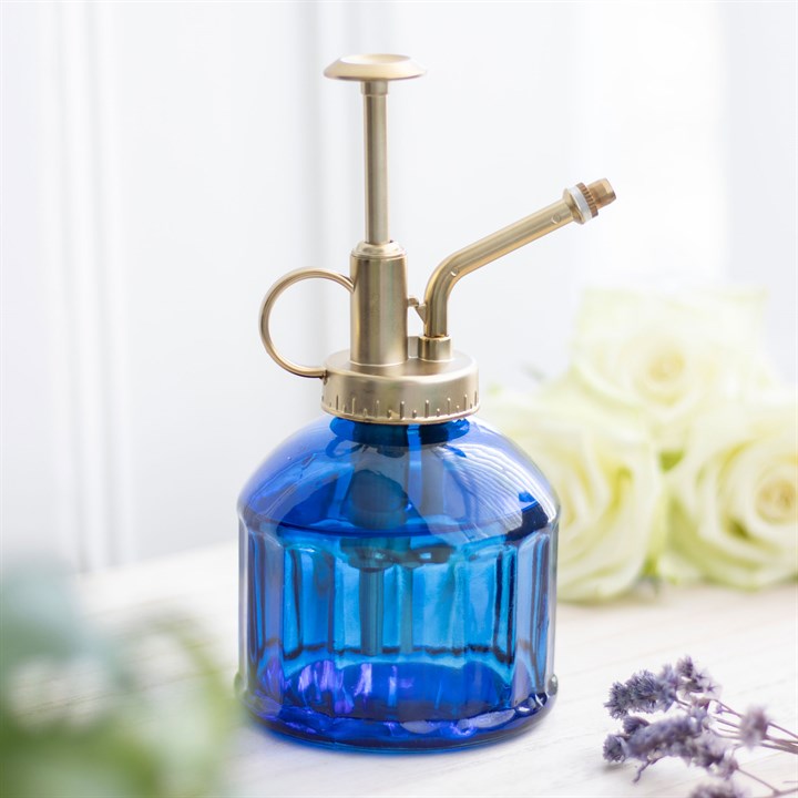 Vintage-Style Blue Glass Plant Mister with Gold Pump