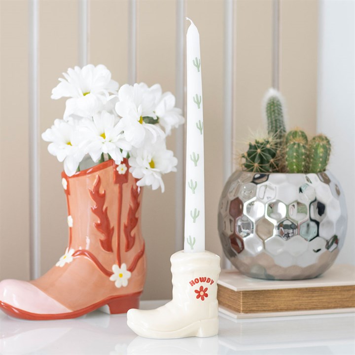 Cowboy Boot & Cactus Taper Candle Holder Set