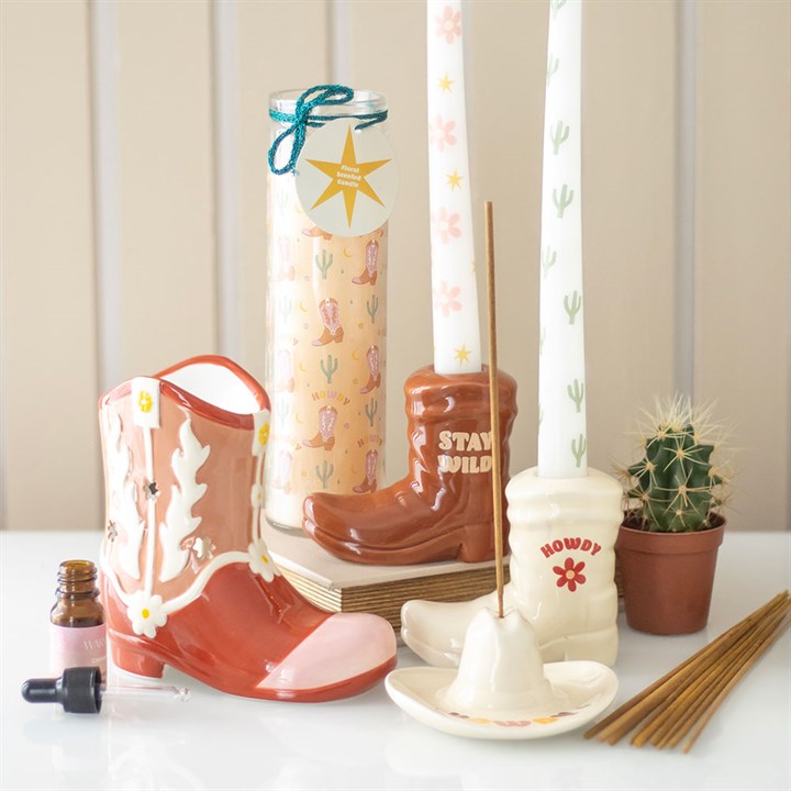 Cowboy Boot & Cactus Taper Candle Holder Set