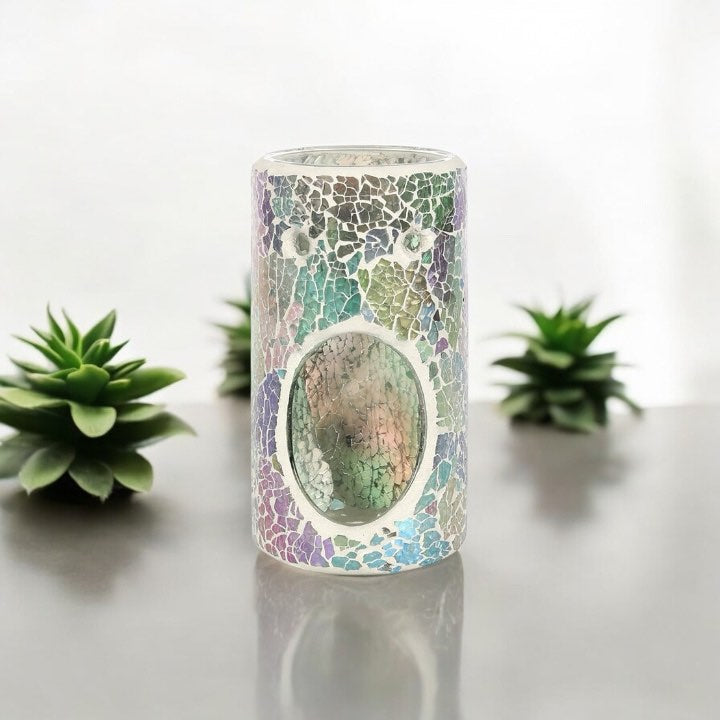 Pillar Light Blue Iridescent Crackle Oil Burner and Wax Warmer