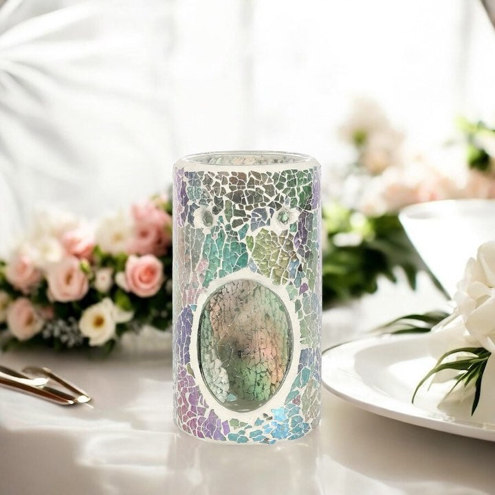 Pillar Light Blue Iridescent Crackle Oil Burner and Wax Warmer