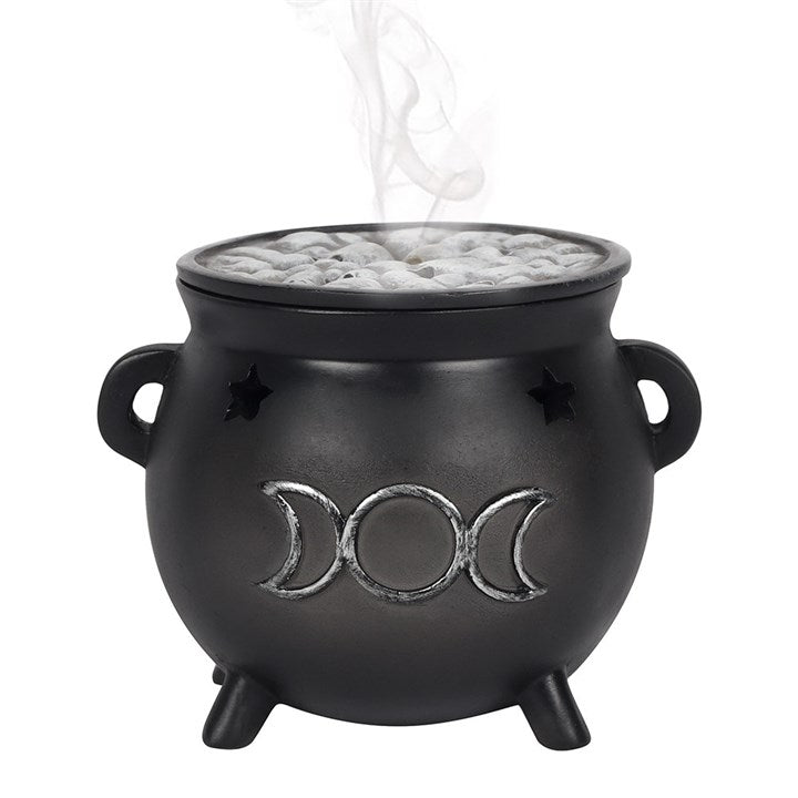 Triple Moon Cauldron Incense Cone Burner – Silver Effect with Bubbling Brew Lid