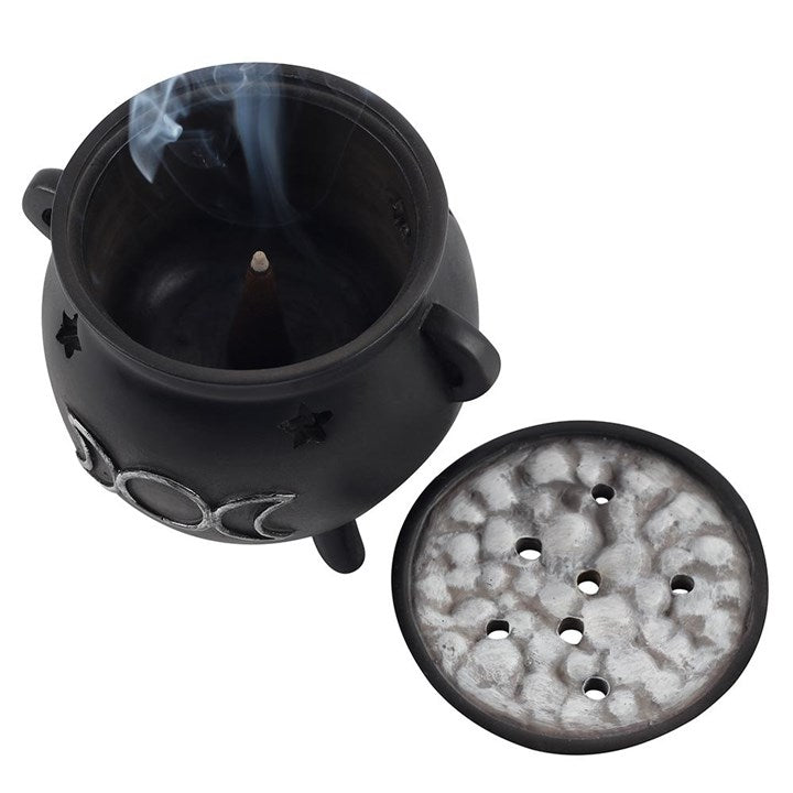 Triple Moon Cauldron Incense Cone Burner – Silver Effect with Bubbling Brew Lid