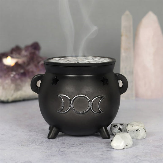 Triple Moon Cauldron Incense Cone Burner – Silver Effect with Bubbling Brew Lid