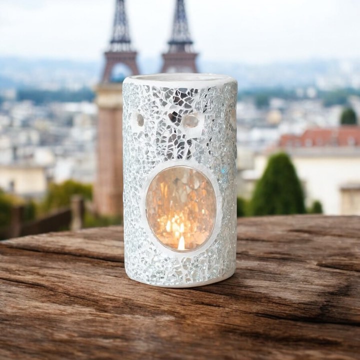 Silver Pillar Crackle Glass Oil Burner and Wax Warmer