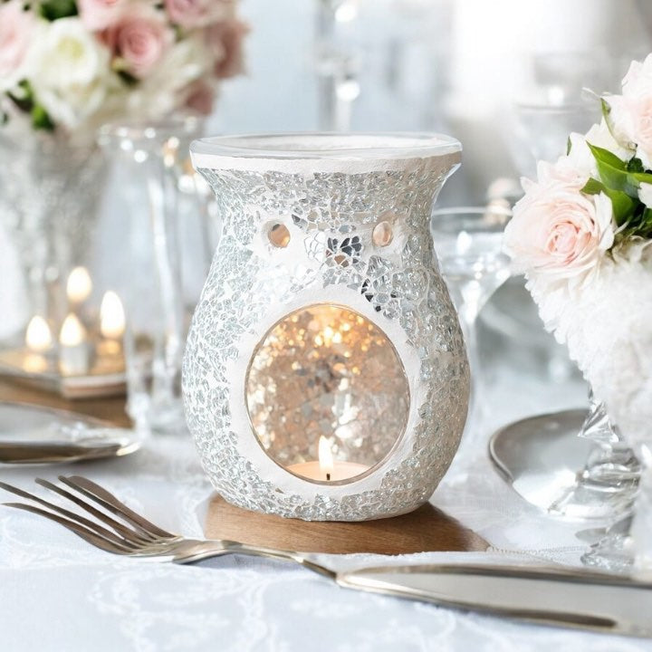 Large Silver Crackle Oil Burner and Wax Warmer