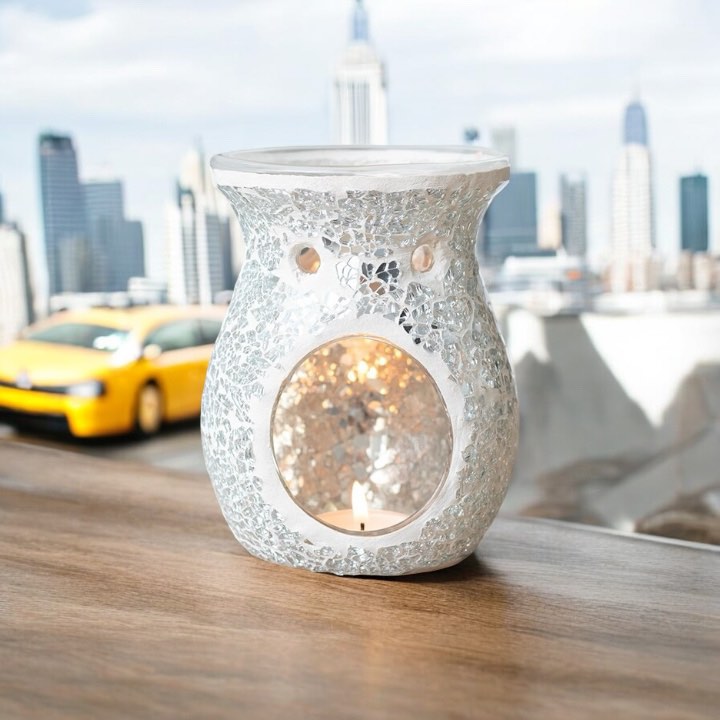 Large Silver Crackle Oil Burner and Wax Warmer