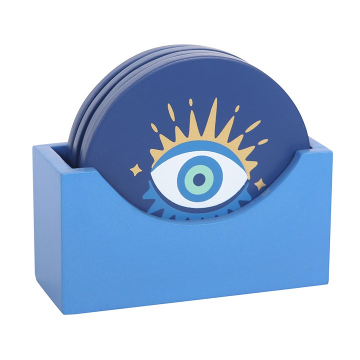 All Seeing Eye Coaster Set – 4 Blue Coasters with Holder