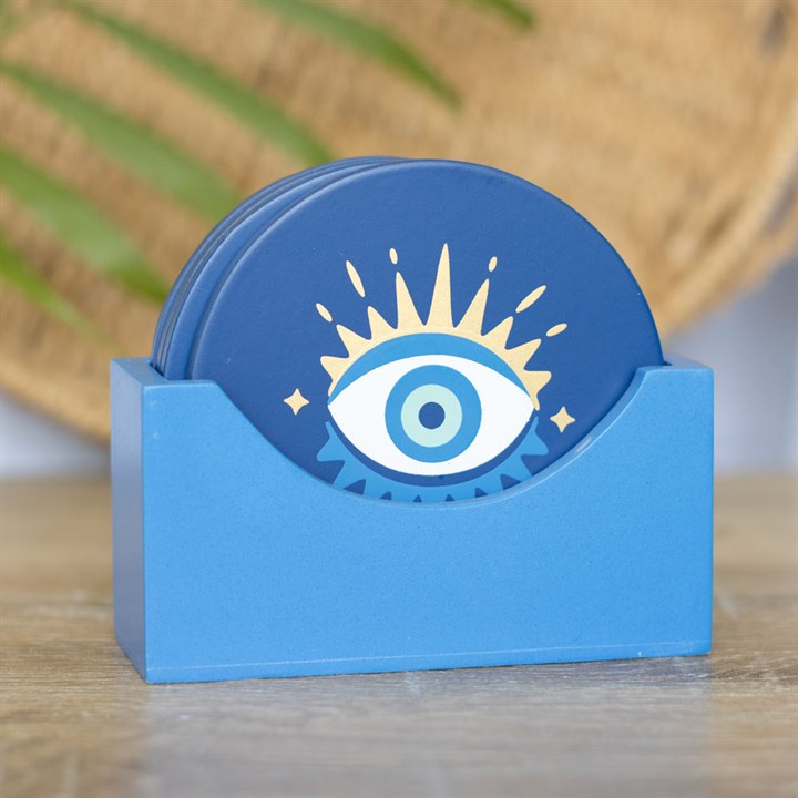 All Seeing Eye Coaster Set – 4 Blue Coasters with Holder