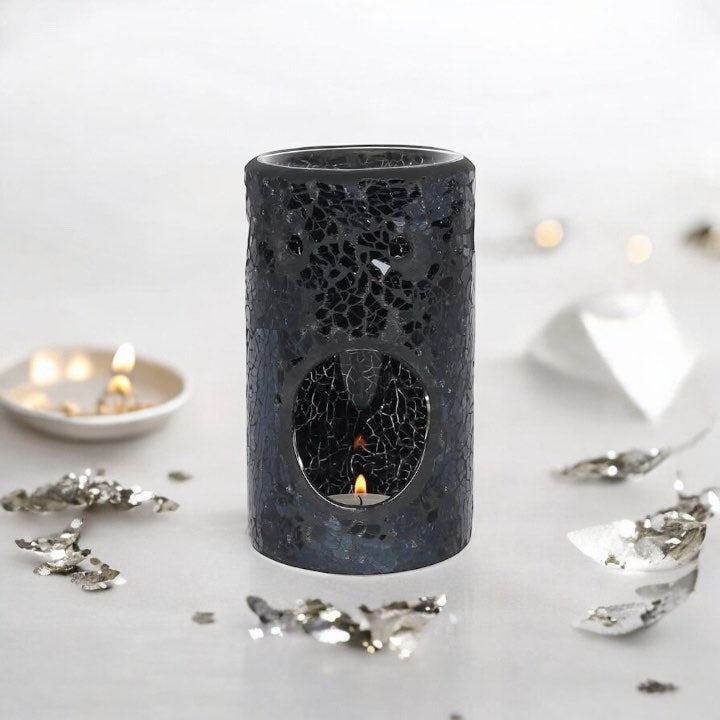 Black Crackle Glass Pillar Oil Burner and Wax Warmer