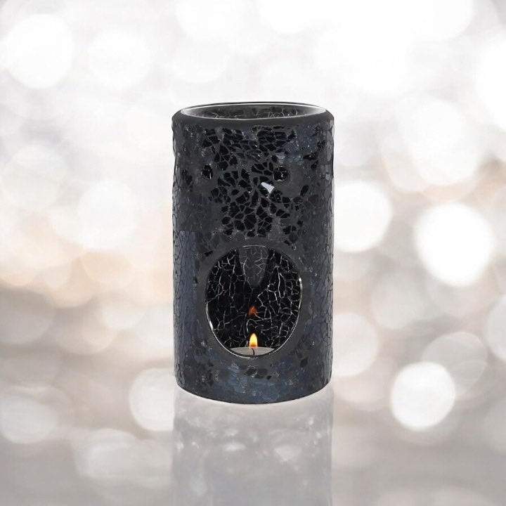 Black Crackle Glass Pillar Oil Burner and Wax Warmer