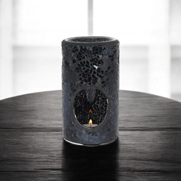 Black Crackle Glass Pillar Oil Burner and Wax Warmer