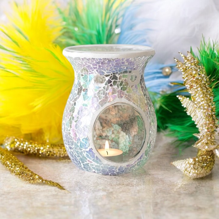Large Light Blue Iridescent Crackle Oil Burner and Wax Warmer