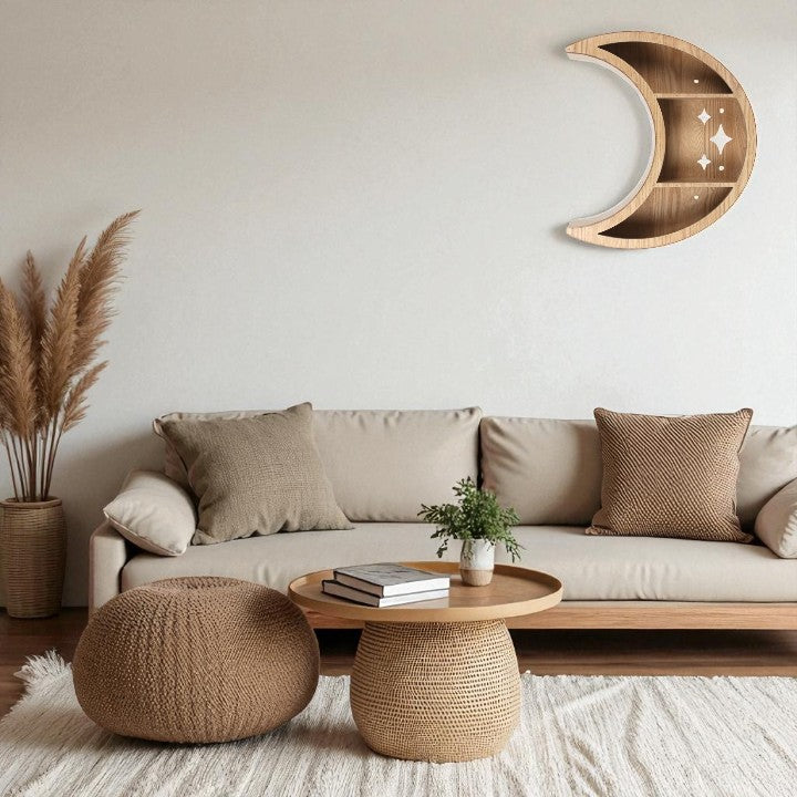 Wooden Crescent Moon Wall Shelf – Light Wood Grain