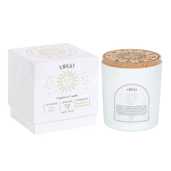 Virgo Zodiac Candle with Clear Quartz Crystals – Sandalwood & Patchouli
