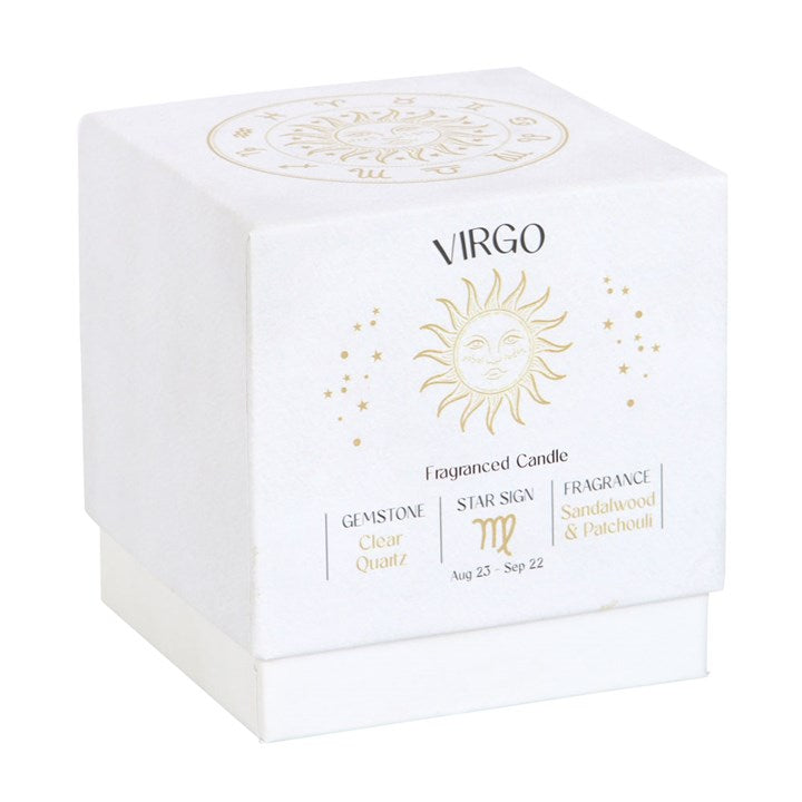 Virgo Zodiac Candle with Clear Quartz Crystals – Sandalwood & Patchouli