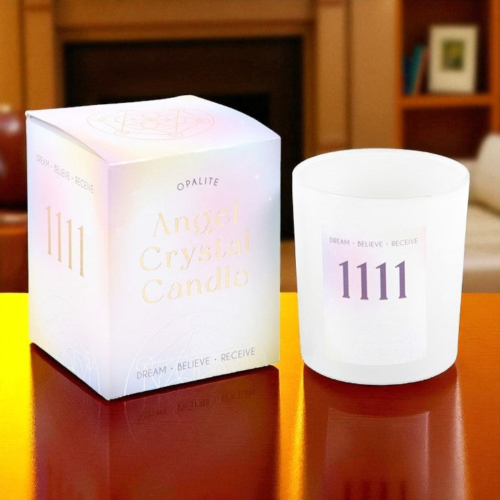 1111 Angel Number Crystal Chip Candle – Opalite, Lavender & Patchouli