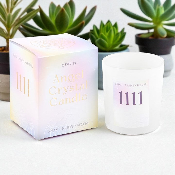 1111 Angel Number Crystal Chip Candle – Opalite, Lavender & Patchouli
