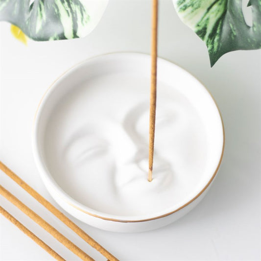 White Moon Face Incense Stick Holder – Calming Ceramic Décor