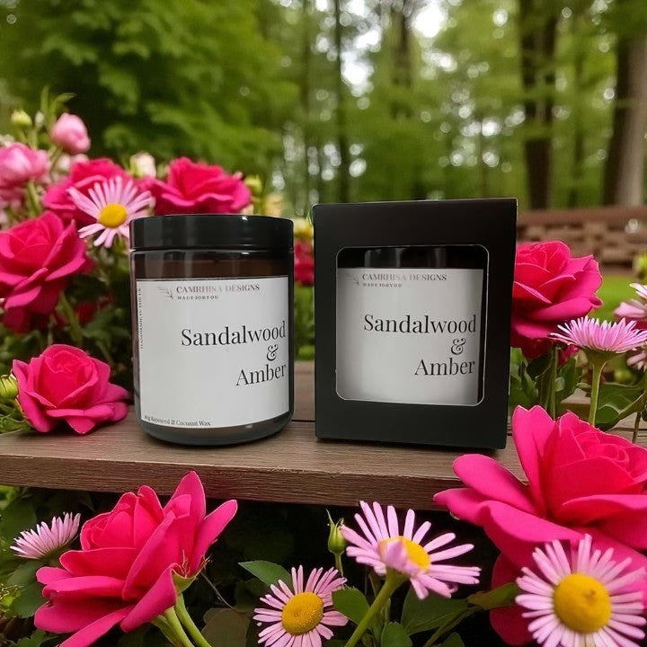 Sandalwood & Amber Candle in Amber Jar – Hand-Poured Luxury