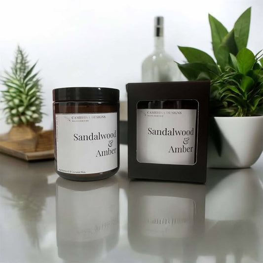 Sandalwood & Amber Candle in Amber Jar – Hand-Poured Luxury